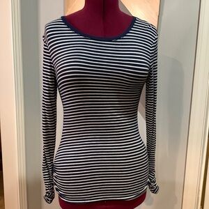 Navy and white striped button detailing long sleeve shirt